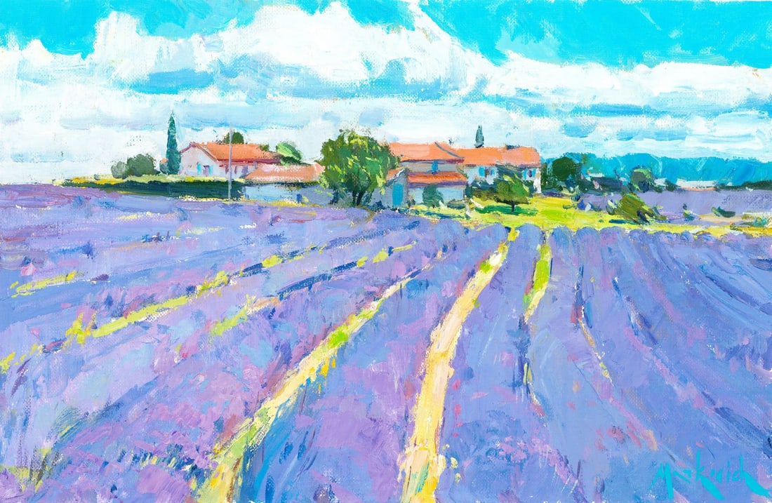 Olena Markovych (Ukraine,b 1987) oil painting: ARTIST: Olena Markovych (Ukraine, born 1987) TITLE: Lavender Field Landscape with Houses MEDIUM: oil on heavy paper CONDITION: Very good. No visible inpaint under UV light.<