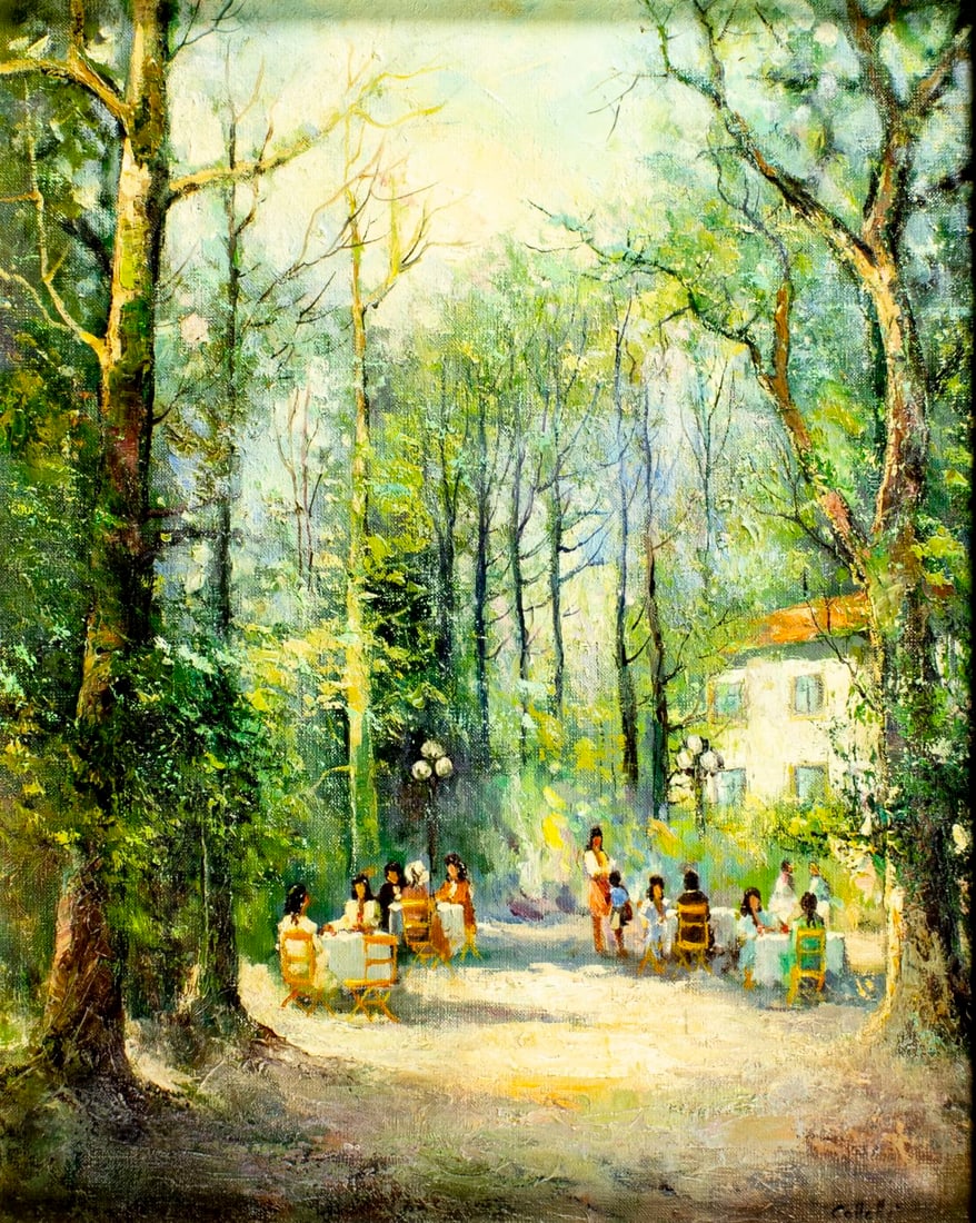 J Colletti (France,1925-?) oil painting: ARTIST: J Colletti (French, 1925 - ???) TITLE: Park Landscape with Figures MEDIUM: oil on canvas CONDITION: Very good. No visible inpaint under UV light. Wear to frame. <