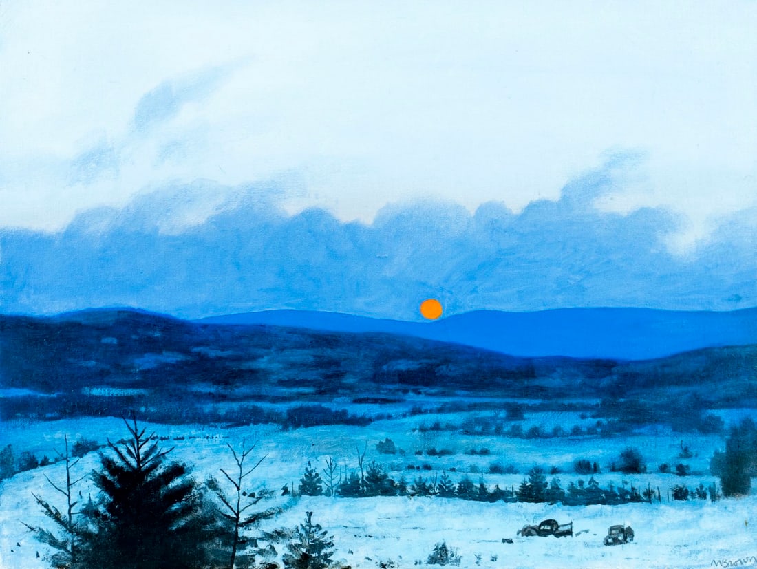 M Brown (US,20C) oil painting: ARTIST: M Brown (United States, 20 century) TITLE: Sunset Winter Landscape MEDIUM: oil on canvas CONDITION: Overall good. No visible inpaint under UV light. Normal wear to e