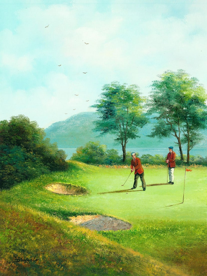 D'Angelo (Europe,20C) oil painting: ARTIST: D'Angelo (European, 20 century) TITLE: Landscape with Golfers MEDIUM: oil on canvas CONDITION: Unstretched (In-House stretching available). Very good. No visible inp