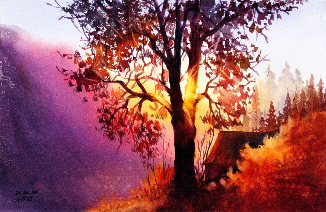 Oksana Chernachuk (Ukraine,b 1989) watercolor painting: ARTIST: Oksana Chernachuk (Ukrainian, born 1989) TITLE: Sunset Autumn Landscape MEDIUM: watercolor on heavy paper CONDITION: Very good. ART SIZE: 8 x 12