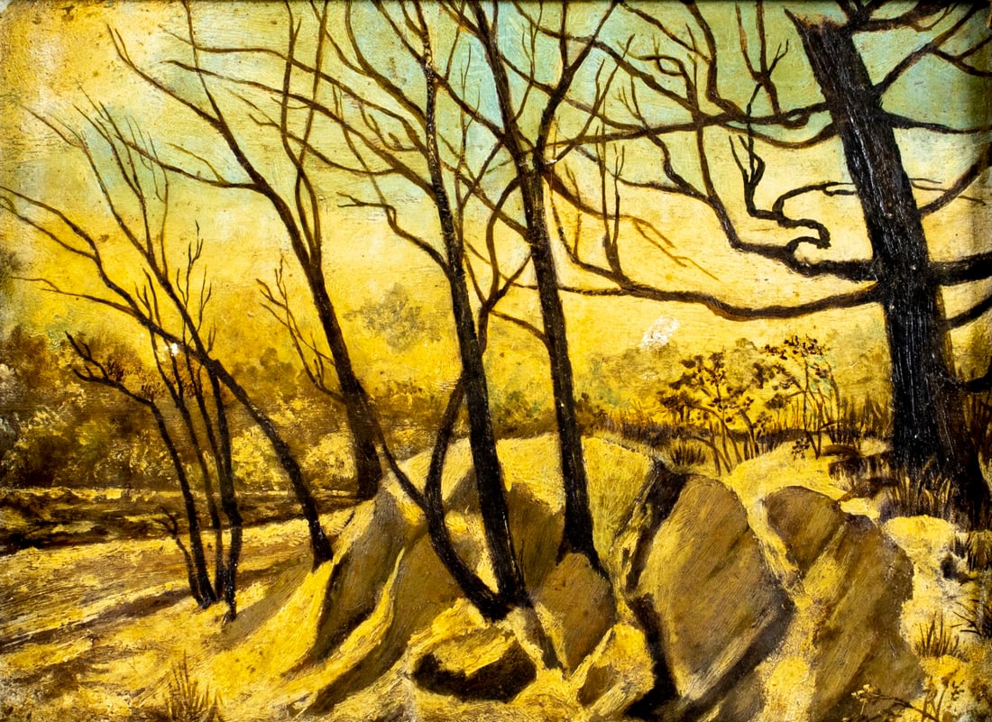Antique early 20C American oil painting: ARTIST: - (American, early 20 century) TITLE: Winter Landscape MEDIUM: oil on board CONDITION: Minor scratches/paint losses. No visible inpaint under UV light. Normal wear t