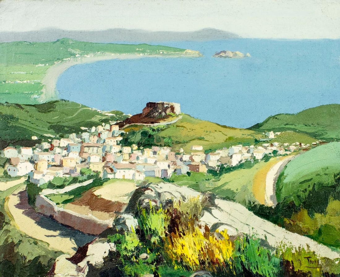 B Tovar (Spain,20C) oil painting: ARTIST: B Tovar (Spanish, 20 century) TITLE: Coastal Cityscape MEDIUM: oil on canvas CONDITION: Unstretched (In-House stretching available) (In-House stretching available).