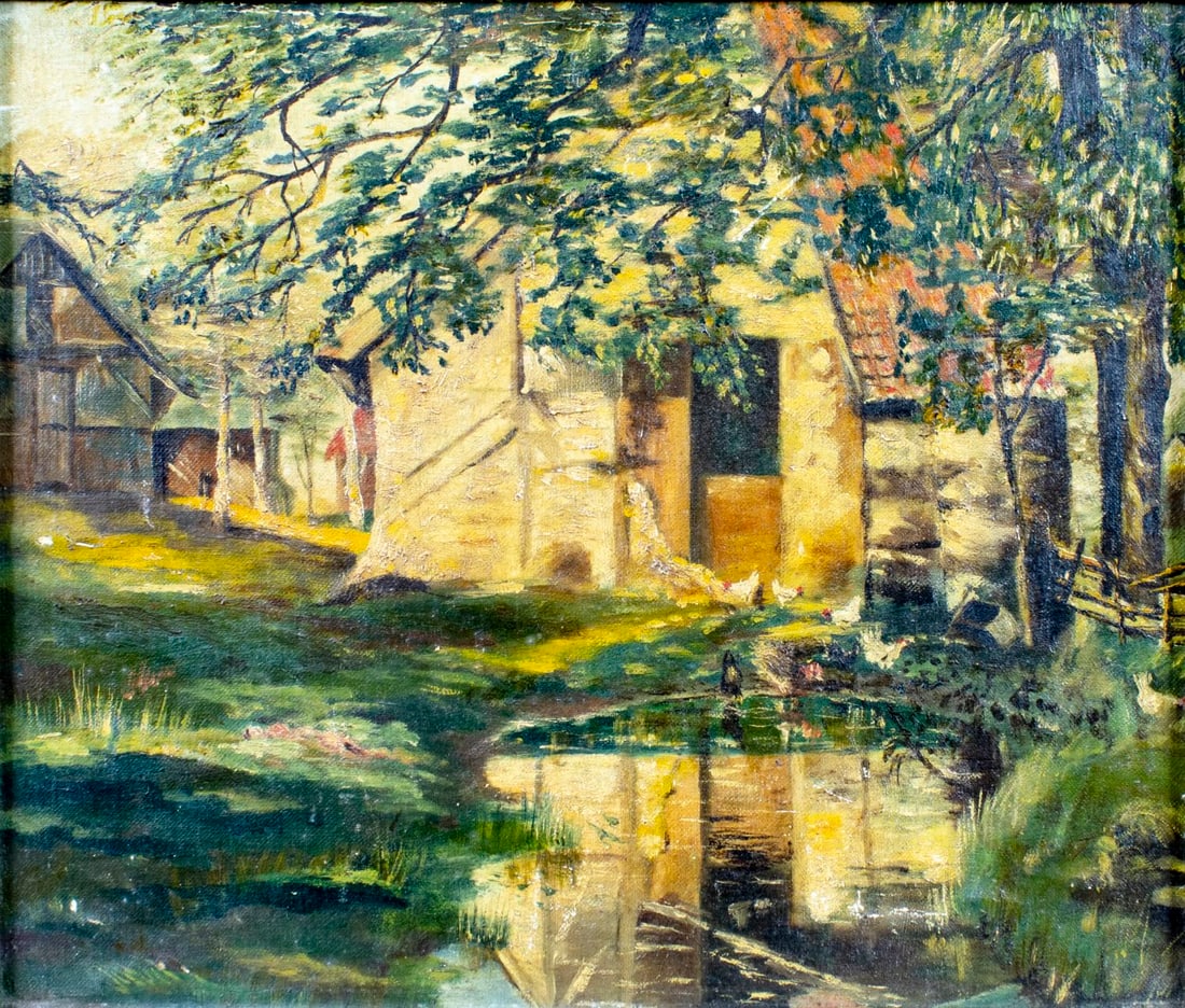 Antique early 20C European oil painting: ARTIST: - (Europe, early 20 century) TITLE: Village Landscape MEDIUM: oil on canvas. Canvas applied to board. CONDITION: Some small scratches/paint losses. No visible inpain