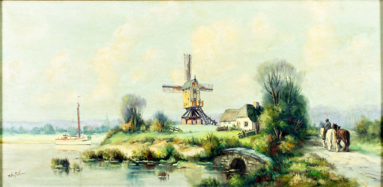 Anton Muller (Dutch,1874-?) oil painting: ARTIST: Anton Muller (Netherlands, 1874 - ???) TITLE: Windmill Landscape MEDIUM: oil on canvas CONDITION: Few minor scratches/paint losses. No visible inpaint under UV light