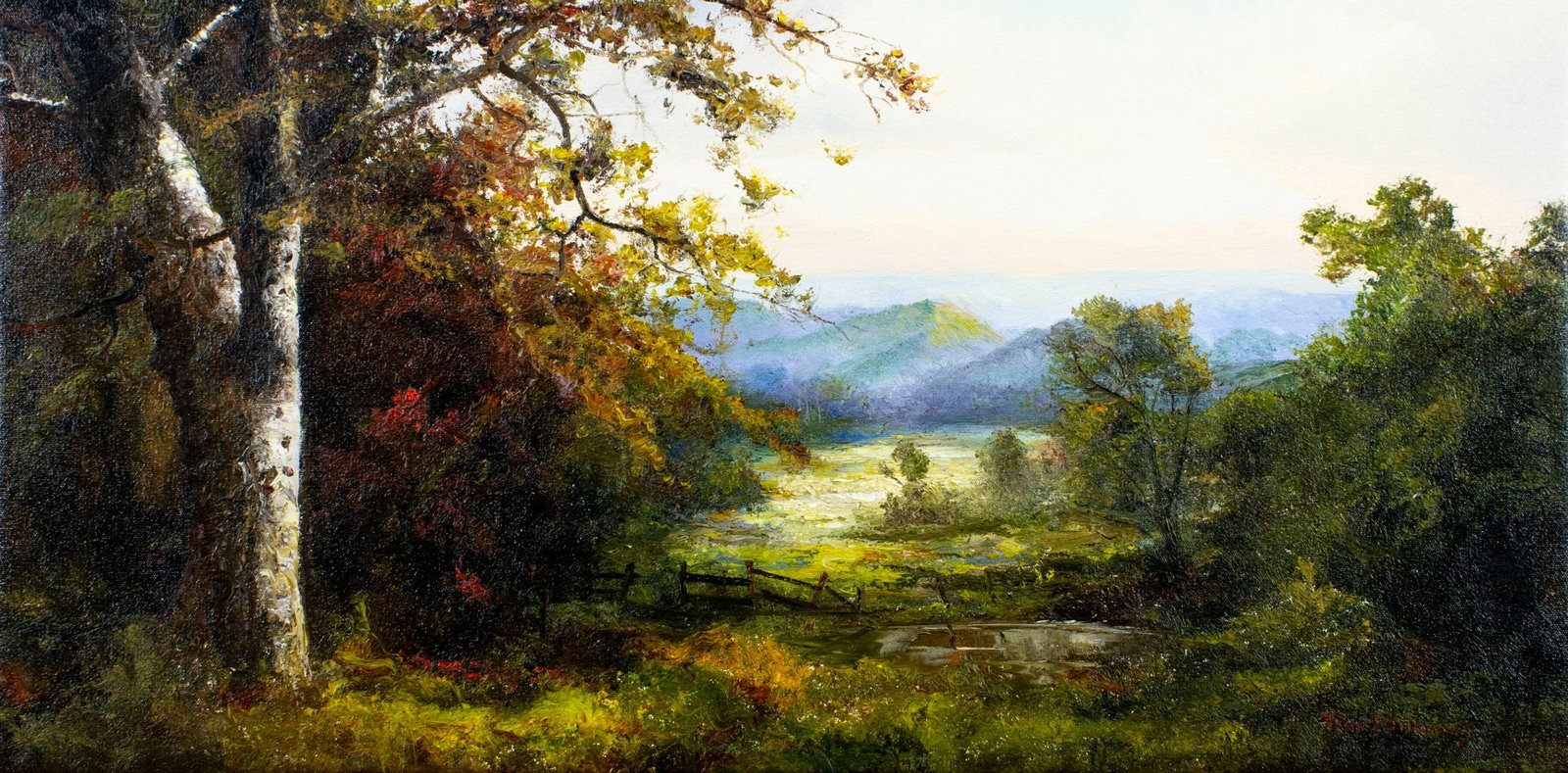 Ron Williams (TN,1947-2016) oil painting: ARTIST: Ron Williams (Tennessee, 1947 - 2016) TITLE: Countryside Landscape MEDIUM: oil on canvas CONDITION: Very good. No visible inpaint under UV light. ART SIZE