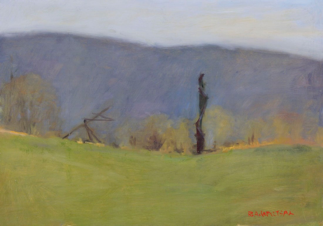 Robert Waltsak (NJ,b 1944) oil painting: ARTIST: Robert Alan Waltsak (New Jersey, born 1944) TITLE: Hilly Landscape MEDIUM: oil on board CONDITION: Few minor scratches/paint losses. No visible inpaint under UV ligh