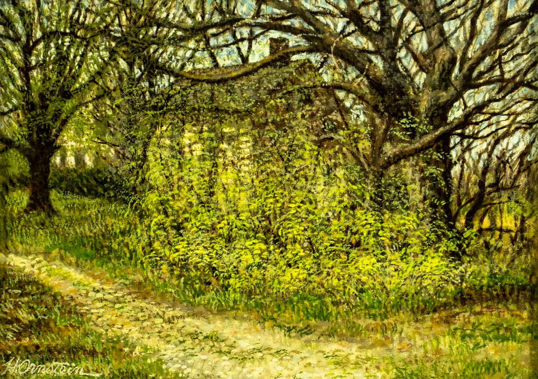 Howard Ornstein (US,20C) oil painting: ARTIST: Howard Ornstein (American, 20 century) TITLE: Early Spring Landscape (titled on verso) YEAR: 1982 MEDIUM: oil on canvas board CONDITION: Overall