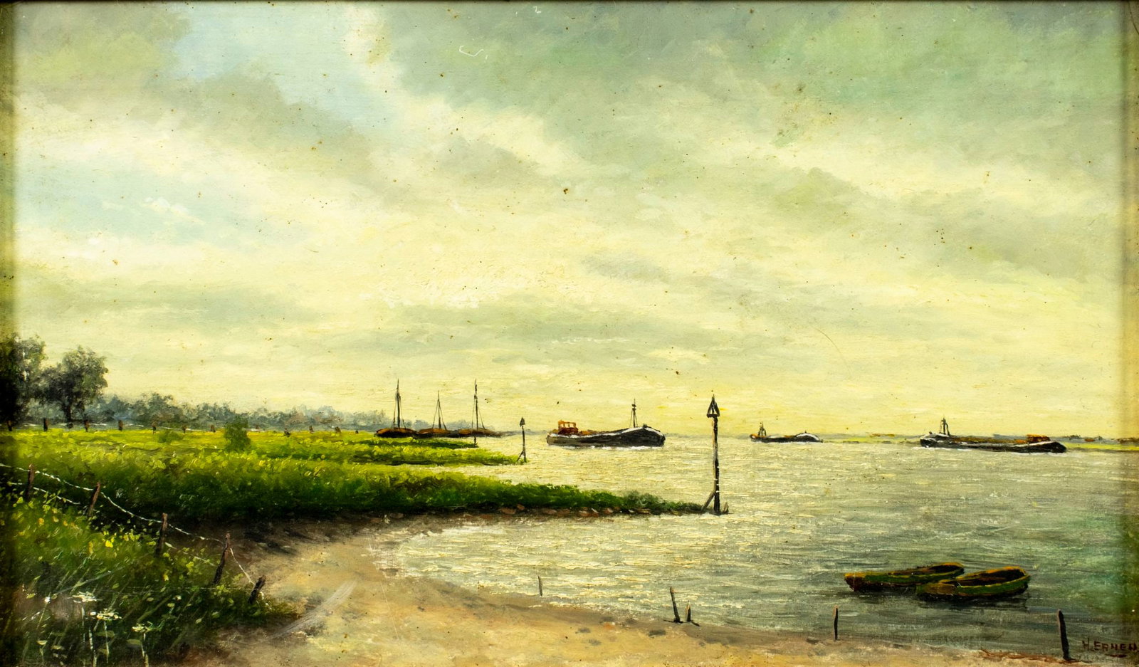 H Ernens (Europe,mid 20C) oil painting: ARTIST: H Ernens (European, mid 20 century) TITLE: River Landscape with Boats MEDIUM: oil on board CONDITION: Some small dark spots. Few minor scratches/paint losses. No vis