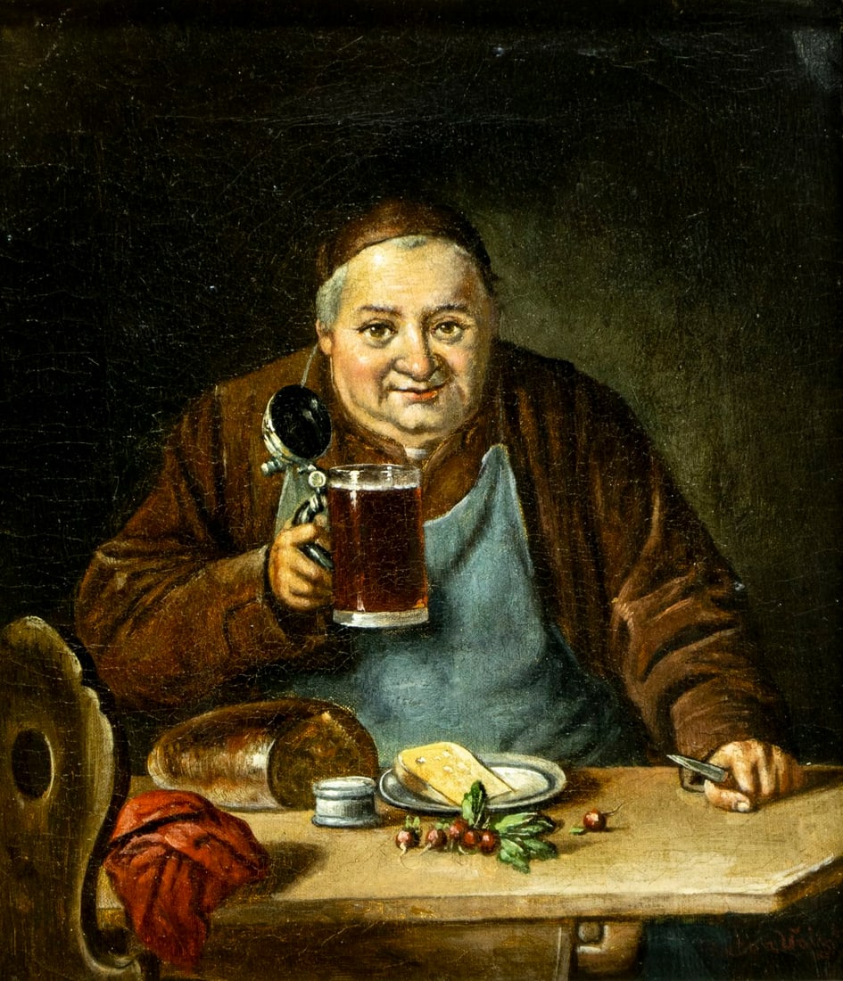 Antique 19C German oil painting signed: ARTIST: - (Germany, 19 century) TITLE: Portrait of Man with Beer Mug MEDIUM: oil on canvas CONDITION: Few minor paint losses. Some craquelure. Some scattered minor inpaintin