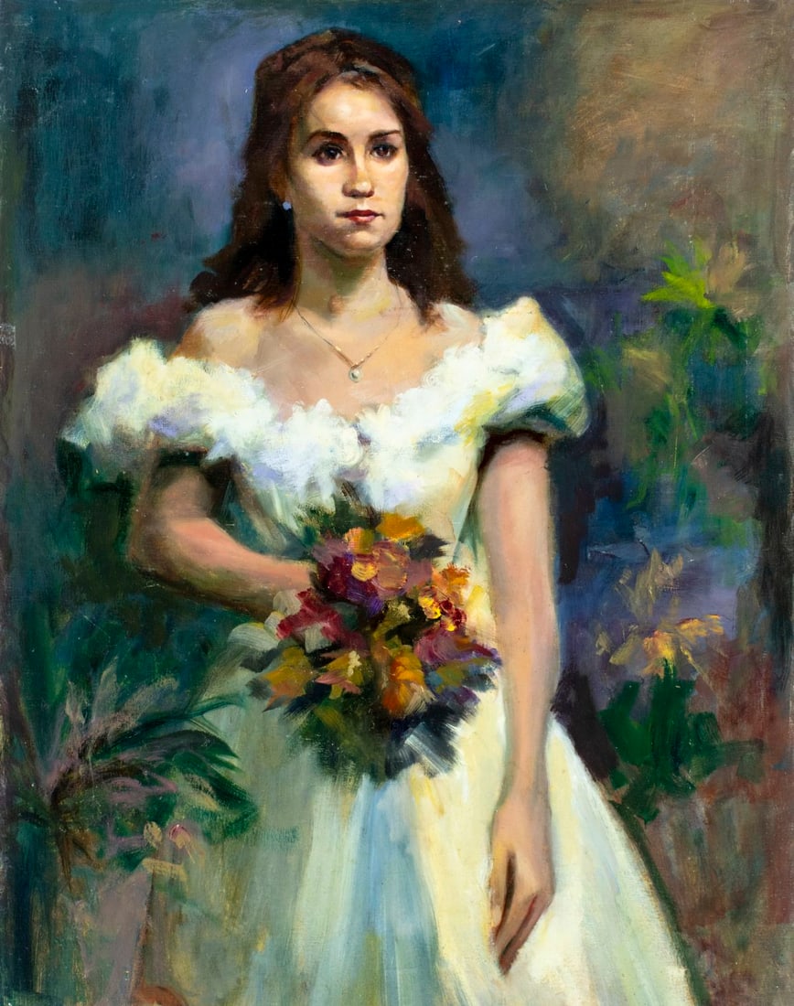 John Reilly (NY,NJ,1942-2021) oil painting: ARTIST: John Reilly (New York, New Jersey, 1942 - 2021) TITLE: Portrait of Woman with Flowers MEDIUM: oil on board CONDITION: Some scratches/paint losses. No visible inpain
