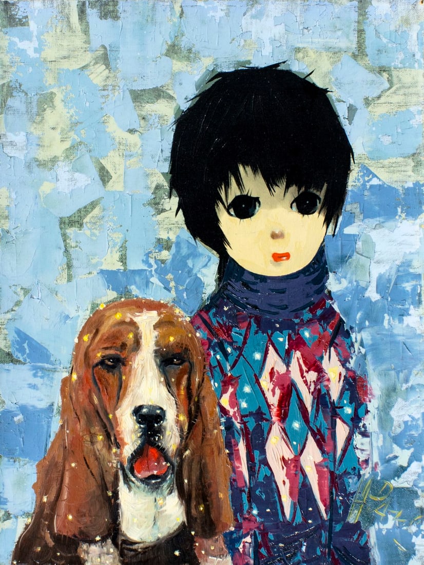 Vintage 20C oil painting signed: ARTIST: - (20 century) TITLE: Portrait of Child with Dog MEDIUM: oil on canvas CONDITION: Unstretched (In-House stretching available). Some flaking/paint losses (see picture