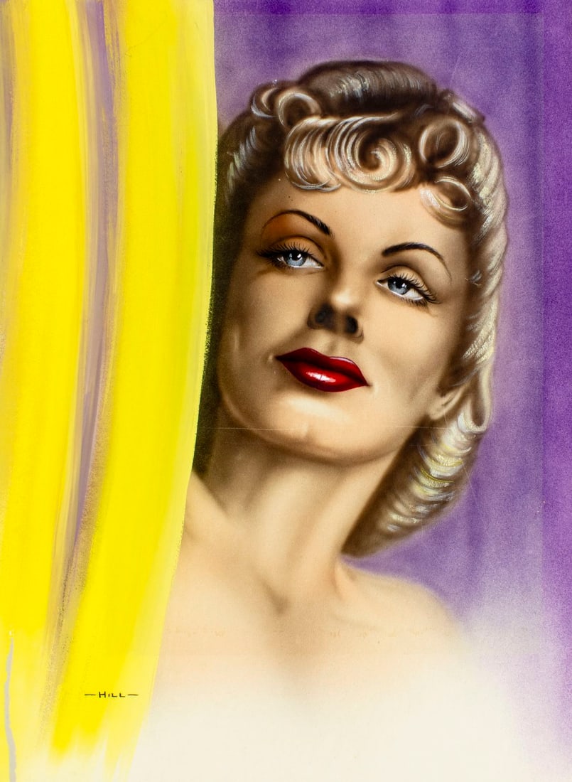 Russell Hill (US,20C) gouache painting antique: ARTIST: Russell Hill (American, 20 century) TITLE: Portrait of Woman YEAR: 1947 MEDIUM: gouache on board CONDITION: Minor damages to corners. Some small