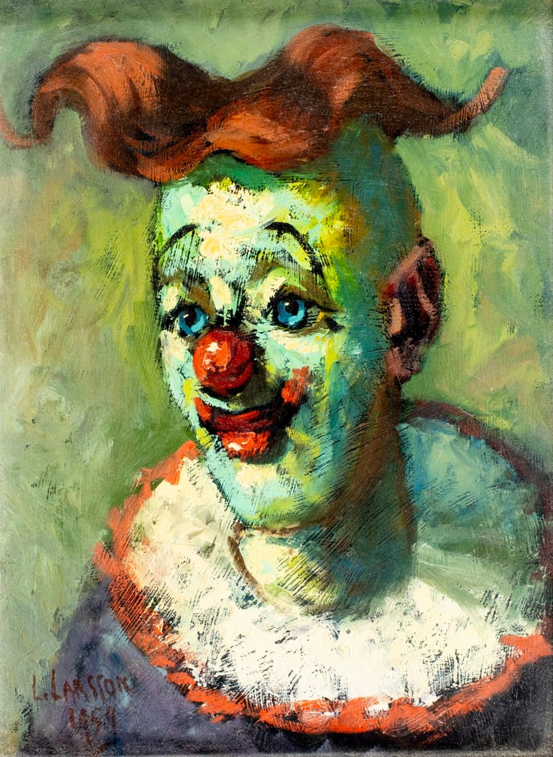 Leslie Larsson (TX,1913-1970) oil painting: ARTIST: Leslie Larsson (Texas, 1913 - 1970) TITLE: Portrait of Clown YEAR: 1959 MEDIUM: oil on board CONDITION: Few small faint scratches. No visible inp