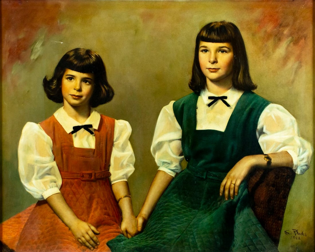 Emil Rhodes (US,mid 20C) oil painting: ARTIST: Emil Rhodes (American, mid 20 century) TITLE: Portrait of Two Girls YEAR: 1952 MEDIUM: oil on canvas. Canvas applied to board. CONDITION: Few sma
