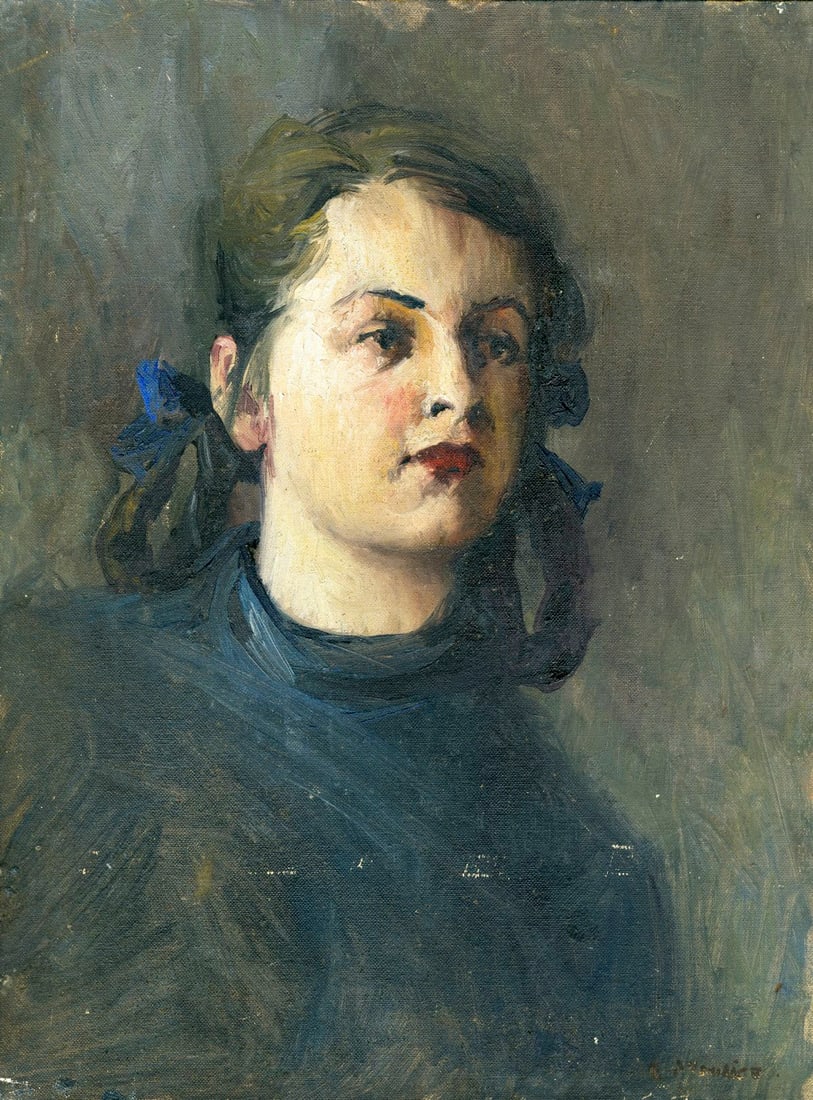 Helen DuMond (NY,CA,OR,1872-1968) oil painting: ARTIST: Helen Savier DuMond (New York, California, Oregon, 1872 - 1968) TITLE: Portrait of Woman MEDIUM: oil on canvas board CONDITION: Minor damages to corners. Minor scrat