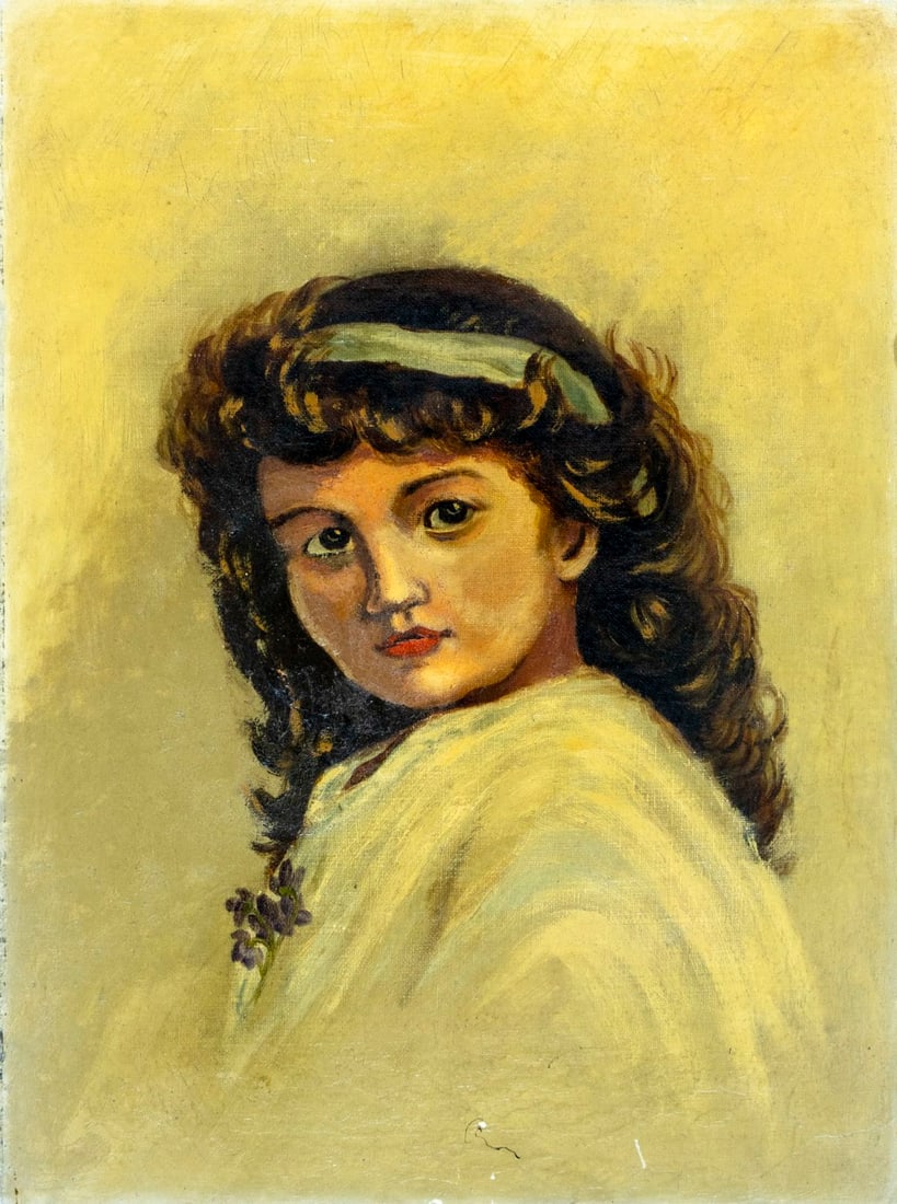 Antique 19C American oil painting: ARTIST: - (American, 19 century) TITLE: Portrait of Woman MEDIUM: oil on canvas CONDITION: One patch. Some small scratches/paint losses mostly along the lower edge. Some sca