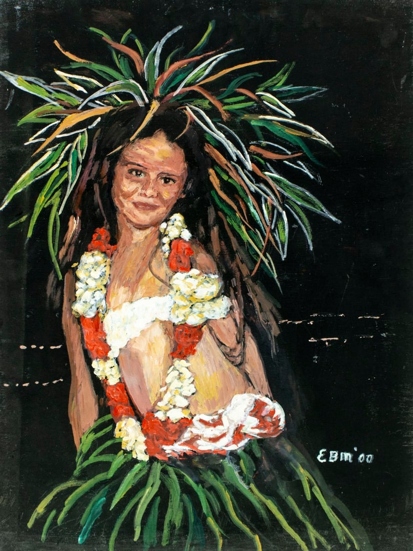 Evelyn Metzger (NY,Brazil,1911-2007) oil painting: ARTIST: Evelyn Borchard Metzger (New York, Brazilian, 1911-2007) TITLE: Hawaiian Hula Dancer YEAR: 2000 MEDIUM: oil on board CONDITION: Some small faint