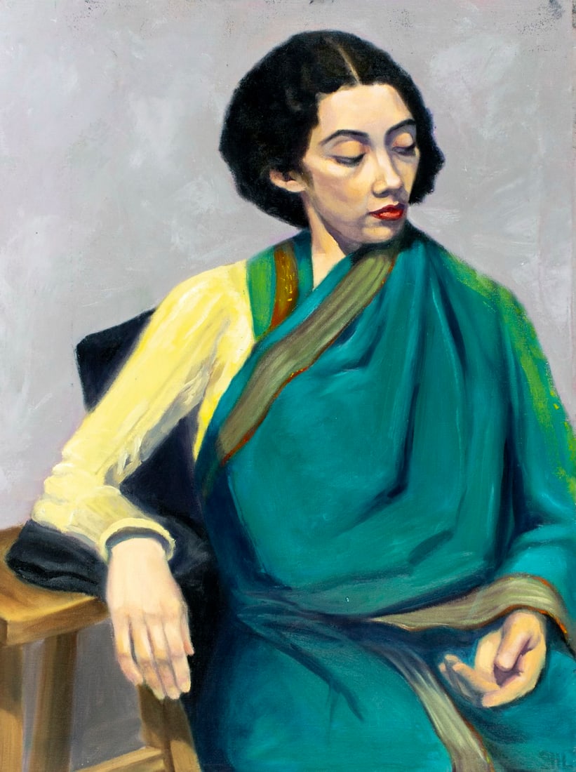Vintage 20C American oil painting signed: ARTIST: - (United States, 20 century) TITLE: Portrait of Woman in Sari MEDIUM: oil on canvas CONDITION: Some scratches/paint losses mostly along edges. No visible inpaint un