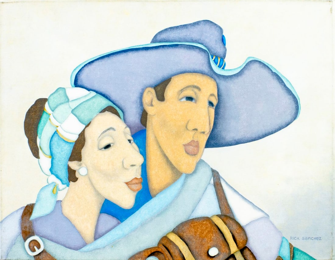 Rick Sanchez (20C) oil painting: ARTIST: Rick Sanchez (20 century) TITLE: Courting Couple MEDIUM: oil on canvas CONDITION: Unstretched (In-House stretching available) (In-House stretching available). Very g