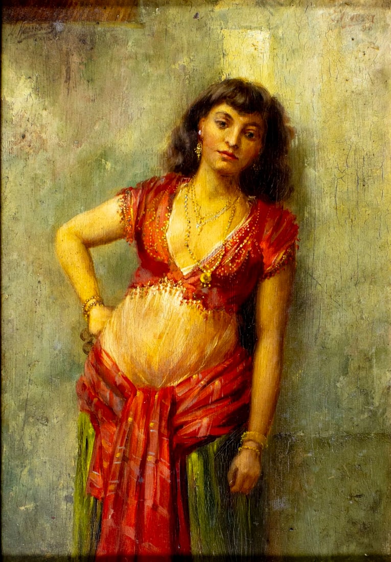 Heinrich Hasselhorst (German,1825-1904) oil painting antique: ARTIST: Heinrich Hasselhorst (Germany, 1825 - 1904) TITLE: Portrait of Oriental Woman YEAR: 1892 MEDIUM: oil on board CONDITION: Few small paint losses.