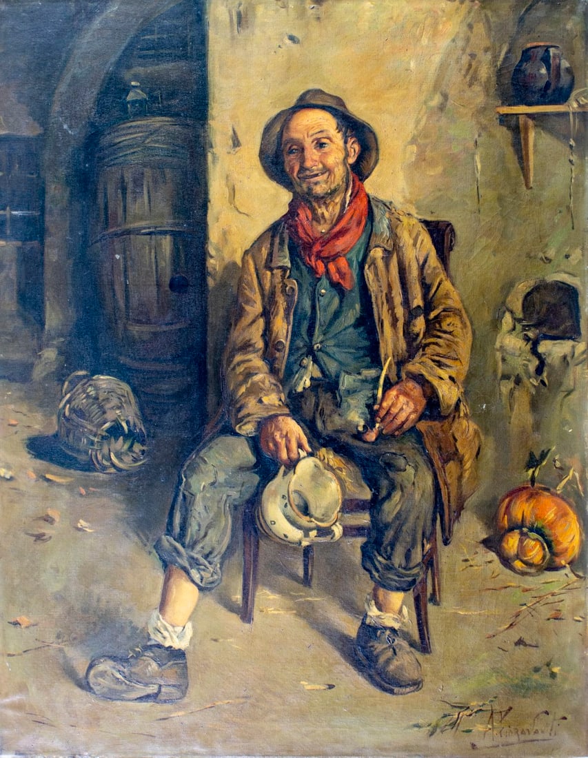 A Fioravanti (Italy,early 20C) oil painting antique: ARTIST: A Fioravanti (Italian, early 20 century) TITLE: Portrait of Seated Man MEDIUM: oil on canvas CONDITION: Few small paint losses. Some craquelure. No visible inpaint u