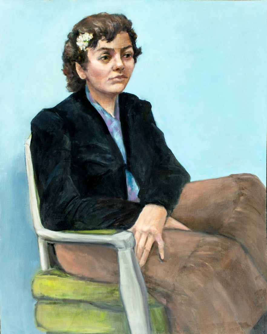 Penny Purpura (US,20C) oil painting: ARTIST: Penny Purpura (American, 20 century) TITLE: Portrait of Seated Woman MEDIUM: oil on canvas CONDITION: Overall good. No visible inpaint under UV light. Normal wear to