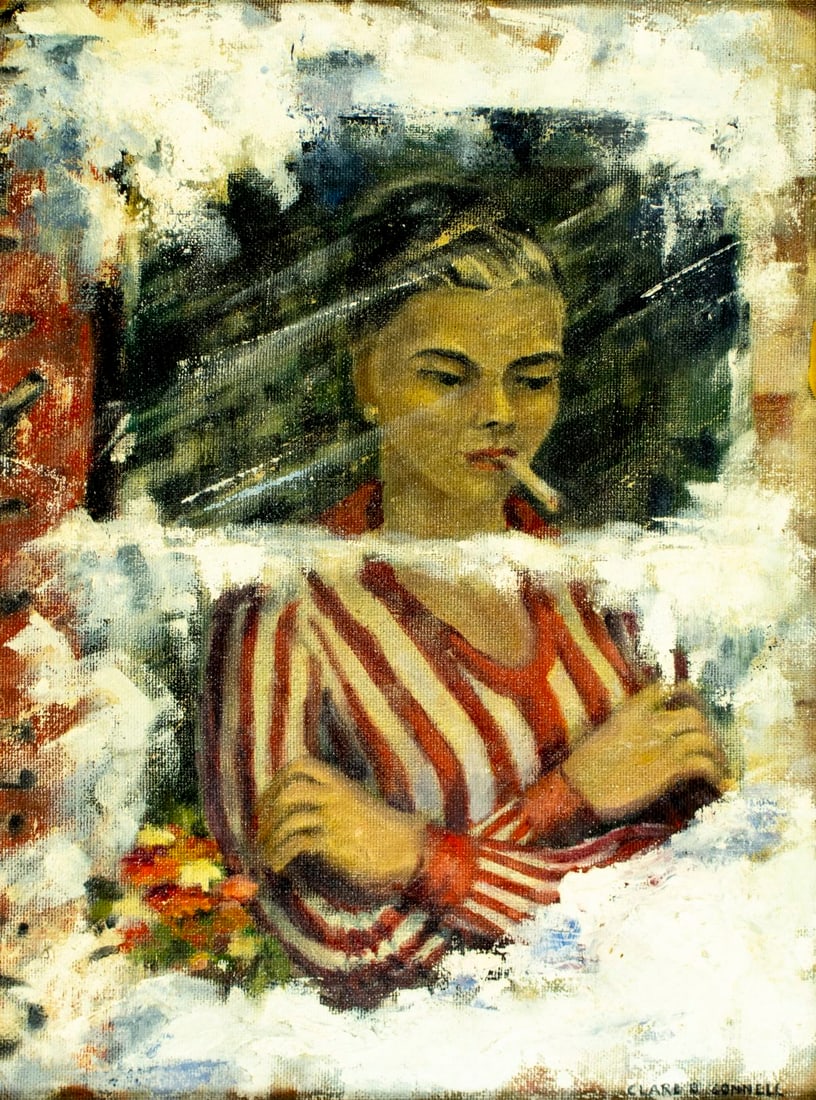 Clare Connell (US,20C) oil painting: ARTIST: Clare Connell (American, 20 century) TITLE: Portrait of Smoking Woman MEDIUM: oil on board CONDITION: Few small paint losses in the lower left quadrant. No visible i