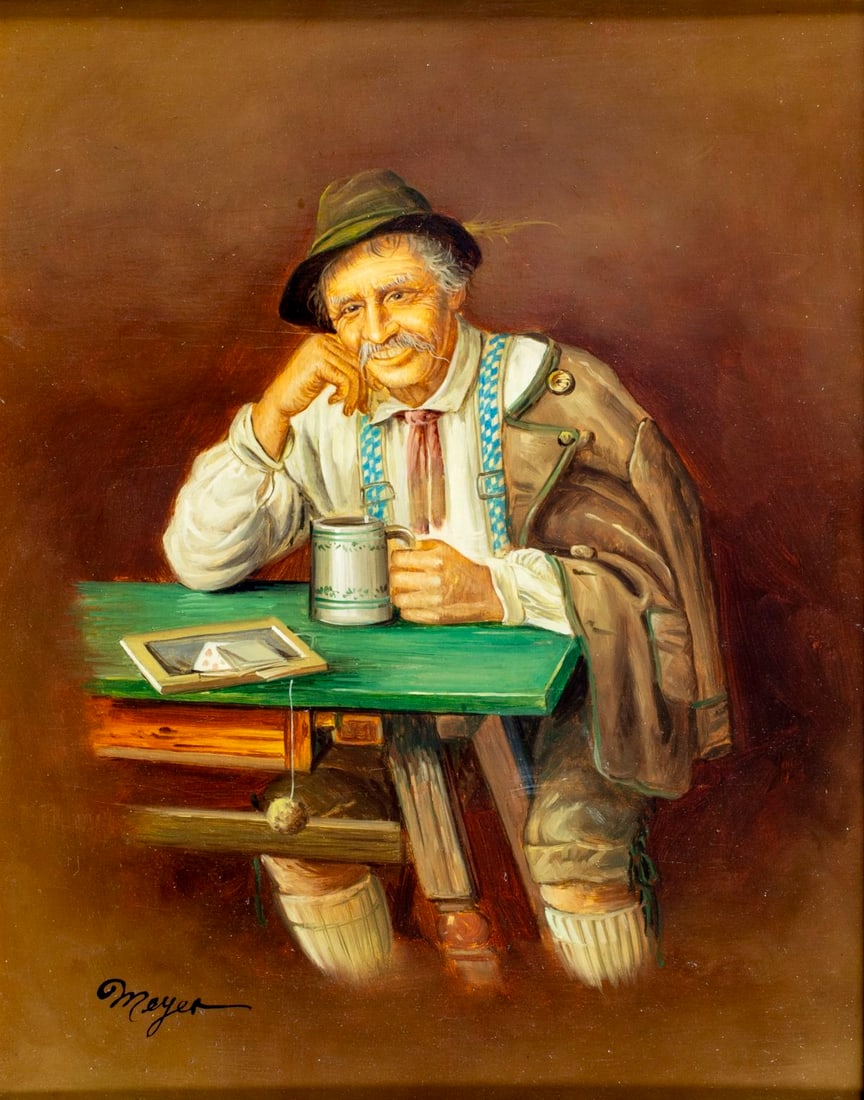 Meyer (German,20C) oil painting: ARTIST: Meyer (Germany, 20 century) TITLE: German Man with Beer Mug MEDIUM: oil on board CONDITION: Overall good. No visible inpaint under UV light. ART SIZE: