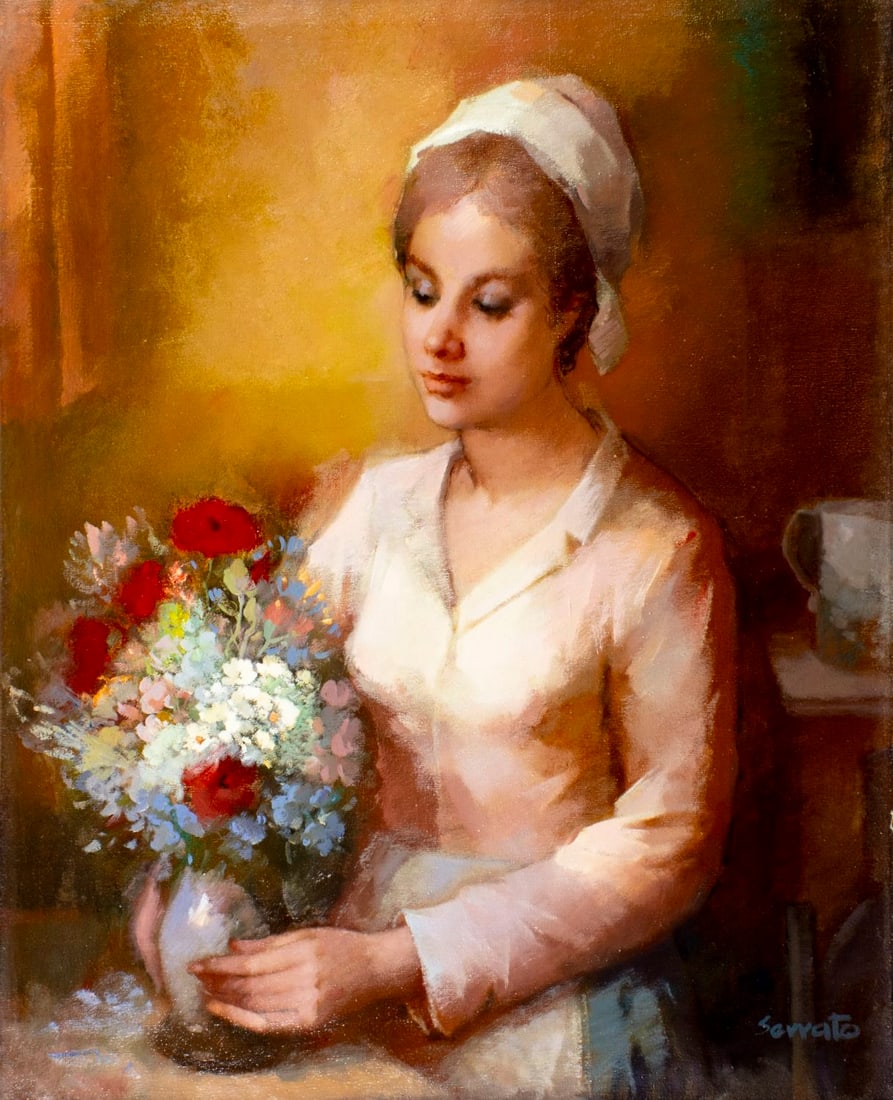 Ruggero Serrato (Italy,1898-?) oil painting: ARTIST: Ruggero Serrato (Italian, 1898 - ???) TITLE: Woman with Vase of Flowers MEDIUM: oil on canvas CONDITION: Unstretched (In-House stretching available) (In-House stretc