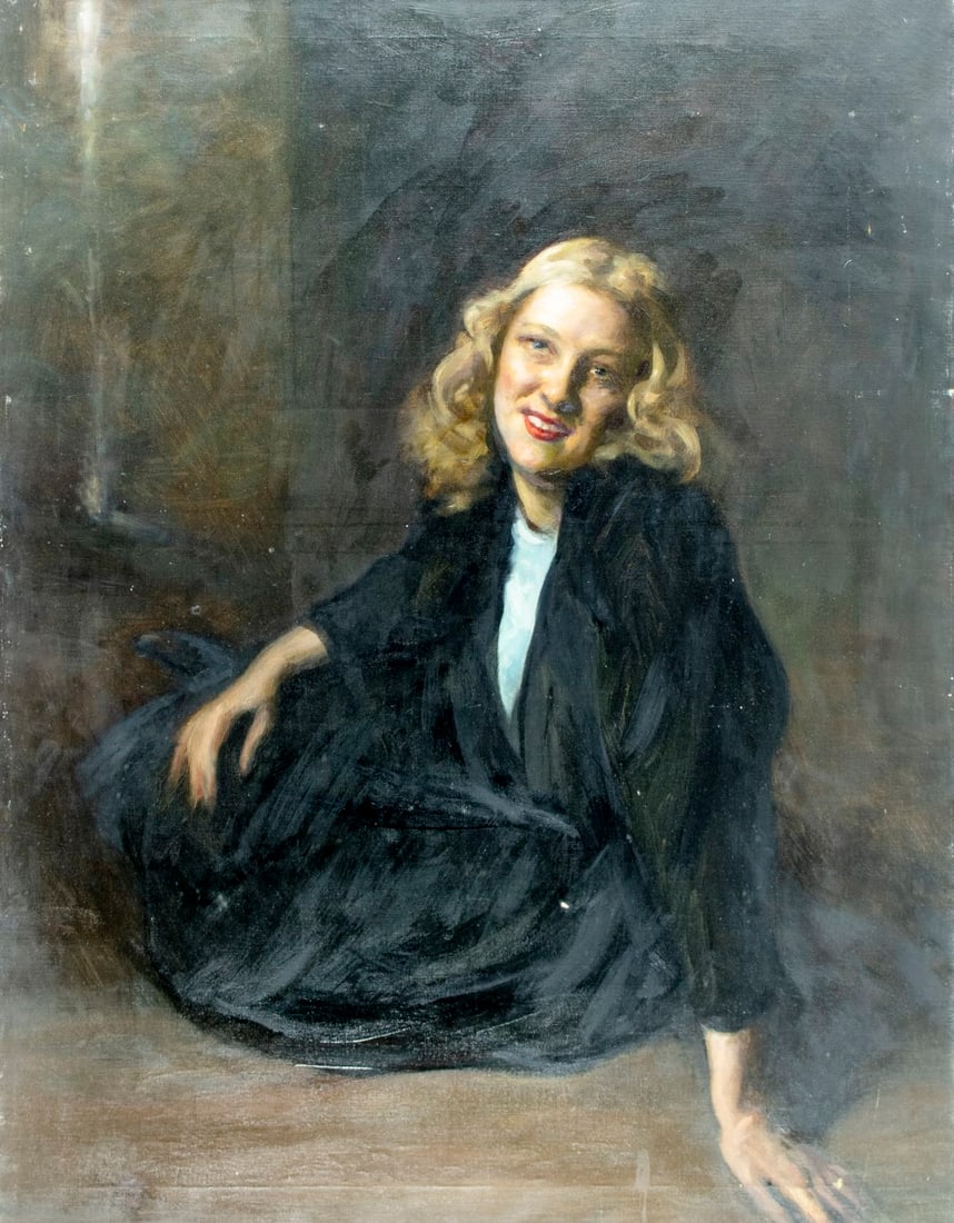 Antique early 20C American oil painting: ARTIST: - (American, early 20 century) TITLE: Portrait of Woman MEDIUM: oil on canvas CONDITION: One small patch. Some scratches/paint losses. Miinor craquelure. No visible