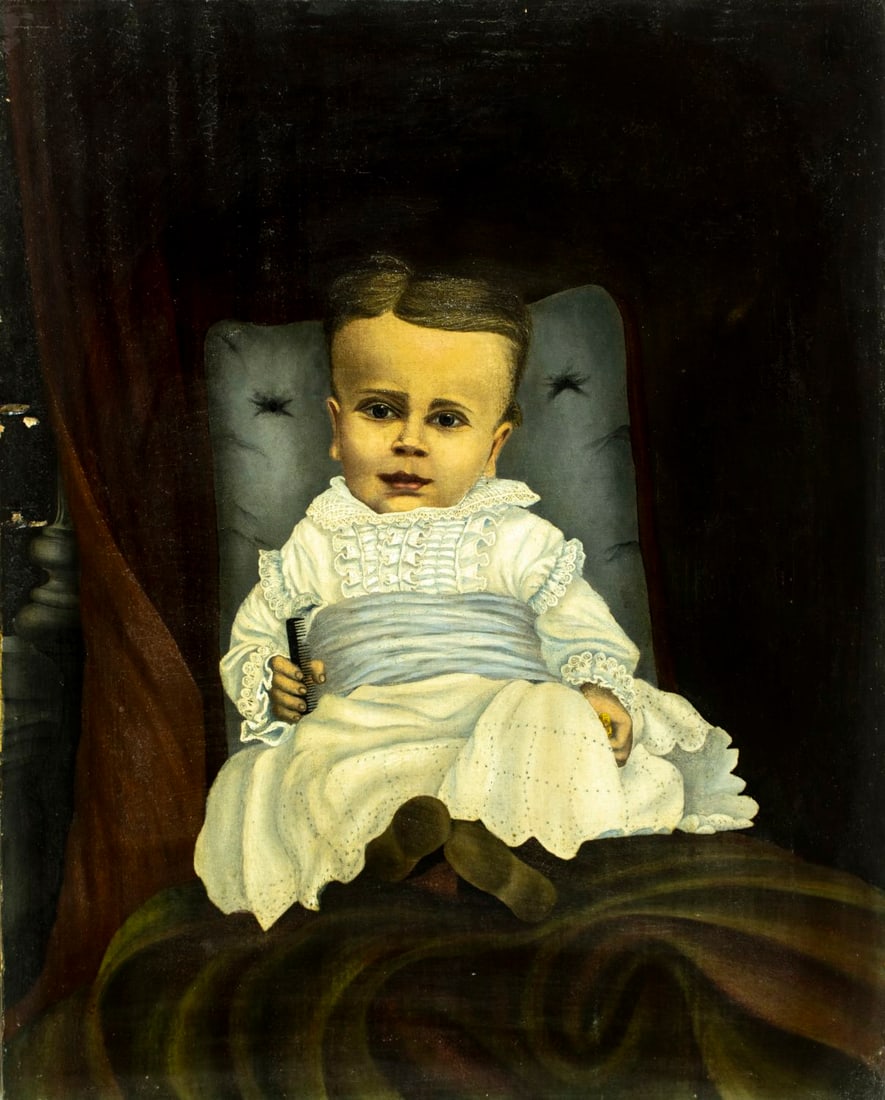 Antique 19C American oil painting: ARTIST: - (United States, 19 century) TITLE: Portrait of Girl MEDIUM: oil on canvas CONDITION: Two patches. Some paint losses, mostly along the left edge. Some craquelure. S
