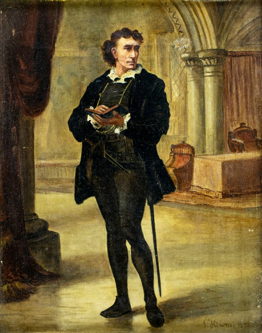 Hirons (UK,19C) oil painting antique: ARTIST: Hirons (United Kingdom, 19 century) TITLE: Portrait of Hamlet YEAR: 1874 MEDIUM: oil on canvas CONDITION: One patch-repaired puncture. Some small