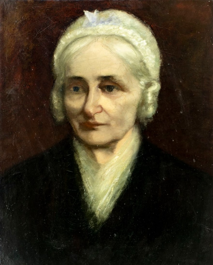 Antique 19C American oil painting: ARTIST: - (American, 19 century) TITLE: Portrait of Old Woman MEDIUM: oil on canvas CONDITION: Relined. Some craquelure. No visible inpaint under UV light. Normal wear along
