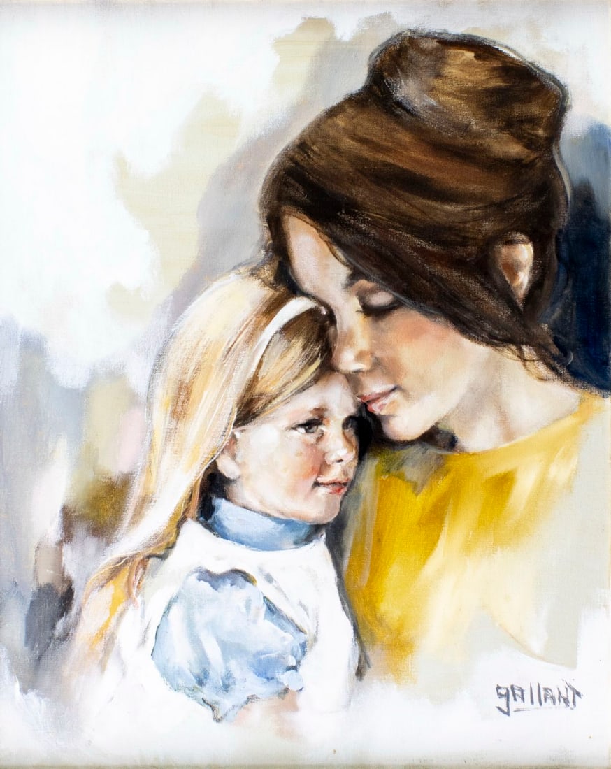 Gigi Gallant (CA,FL,1927-2009) oil painting: ARTIST: Gigi Gallant (California, Florida, 1927 - 2009) TITLE: Portrait of Mother and Daughter MEDIUM: oil on canvas CONDITION: Few small brown spots. No visible inpaint und