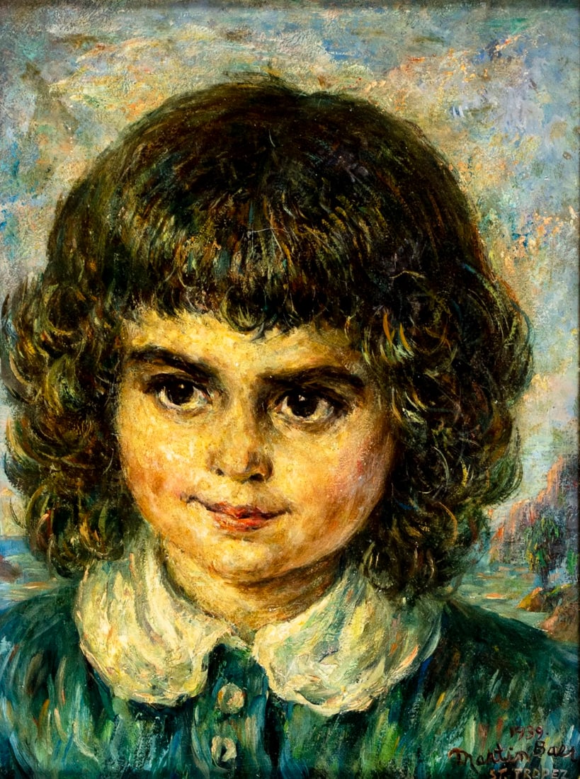 Martin Baer (CA,IL,Europe,1894-1961) oil painting antique: ARTIST: Martin Baer (California, Illinois, European, 1894 - 1961) TITLE: Portrait of Boy YEAR: 1939 MEDIUM: oil on board CONDITION: Few minor paint losse