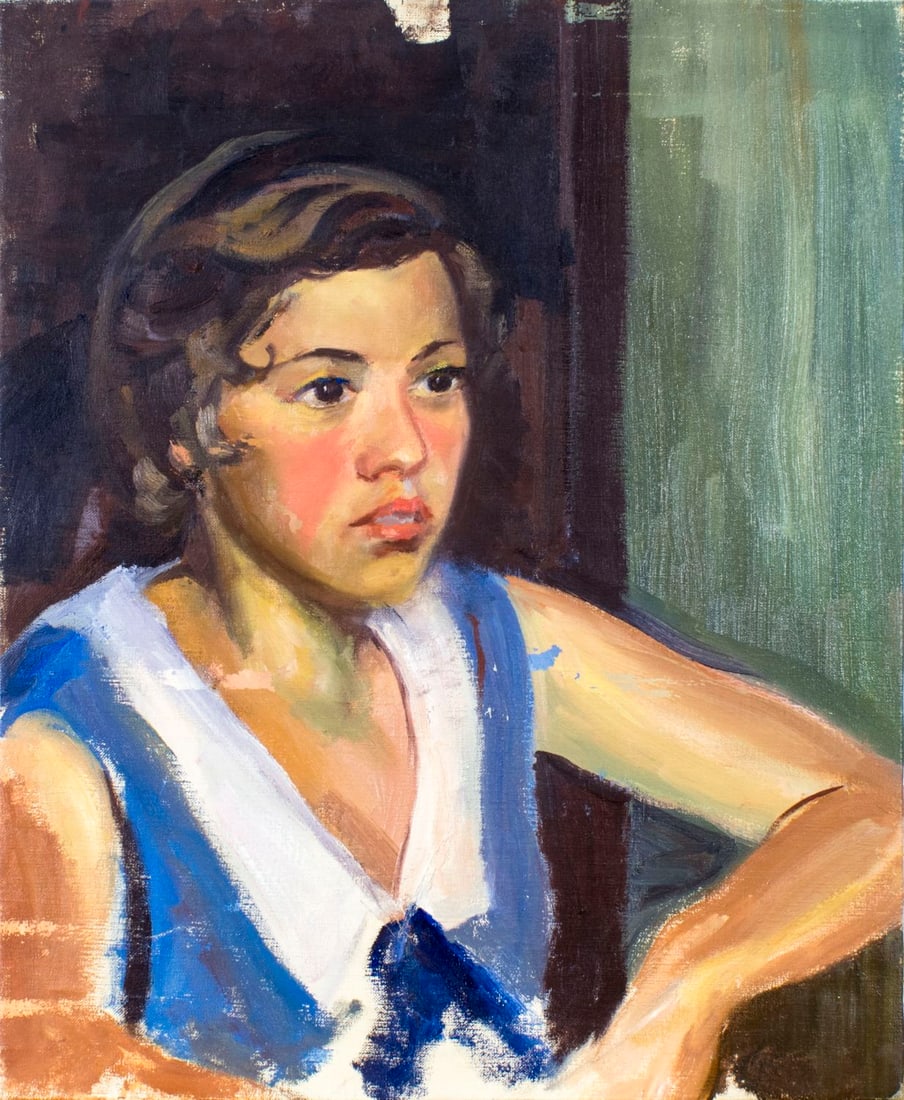 Elizabeth Jewell (WA,MA,1874-1956) oil painting: ARTIST: Elizabeth Galbraith McIntyre Jewell (Washington, Massachusetts, 1874 - 1956) NAME: Portrait of Girl MEDIUM: oil on canvas CONDITION: Restretched. Few paint losses. No visible inpaint