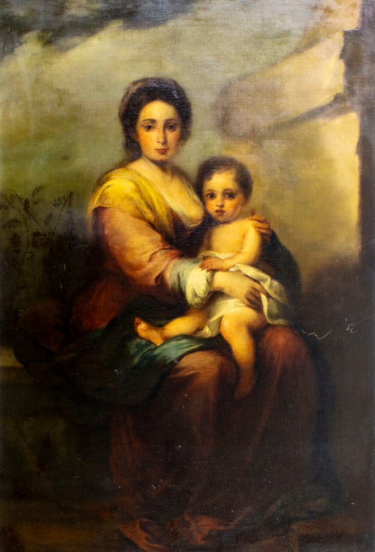 Mario Fuente (Europe,19C) oil painting antique AFTER Murillo: ARTIST: Mario Fuente (European, 19 century) AFTER Bartolome Esteban Murillo TITLE: Madonna with Child MEDIUM: oil on canvas. Canvas applied to board. CONDITION: Some scratch