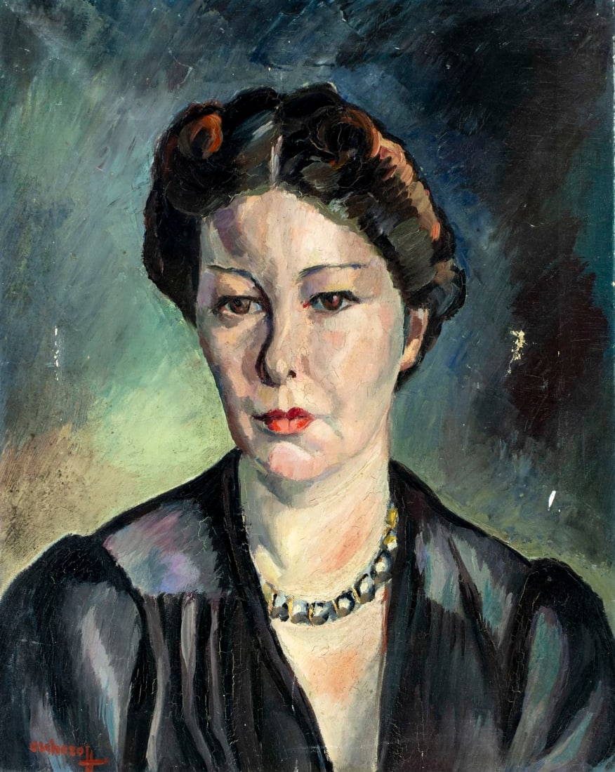 Aschcroft (US,early 20C) oil painting: ARTIST: Aschcroft (American, early 20 century) TITLE: Portrait of Woman MEDIUM: oil on canvas CONDITION: One patch. Some paint losses. Some craquelure. No visible inpaint un