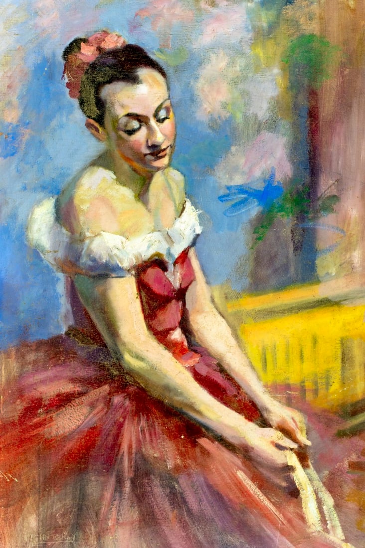 John Reilly (NY,NJ,1942-2021) oil painting: ARTIST: John Reilly (New York, New Jersey, 1942 - 2021) TITLE: Portrait of Woman in Red Dress MEDIUM: oil on board CONDITION: Some scratches/paint losses. No visible inpaint