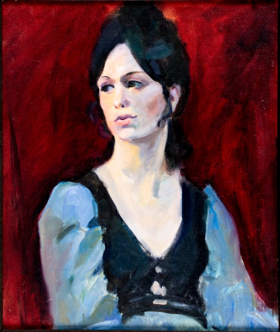 Vintage mid 20C American oil painting: ARTIST: - (American, mid 20 century) TITLE: Portrait of Woman MEDIUM: oil on canvas board CONDITION: Minor scratches/paint losses. No visible inpaint under UV light.