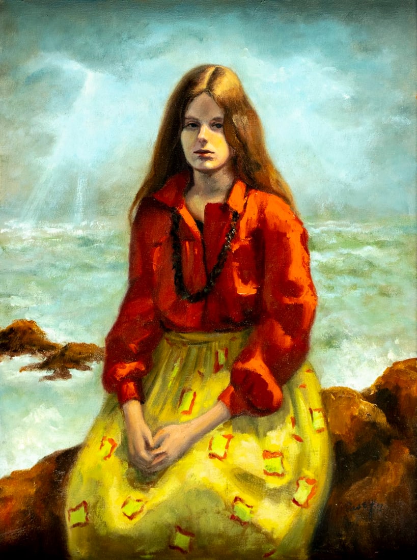 Casey (US,20C) oil painting: ARTIST: Casey (American, 20 century) TITLE: Portrait of Woman by Sea YEAR: 1972 MEDIUM: oil on canvas CONDITION: Overall good. No visible inpaint under U
