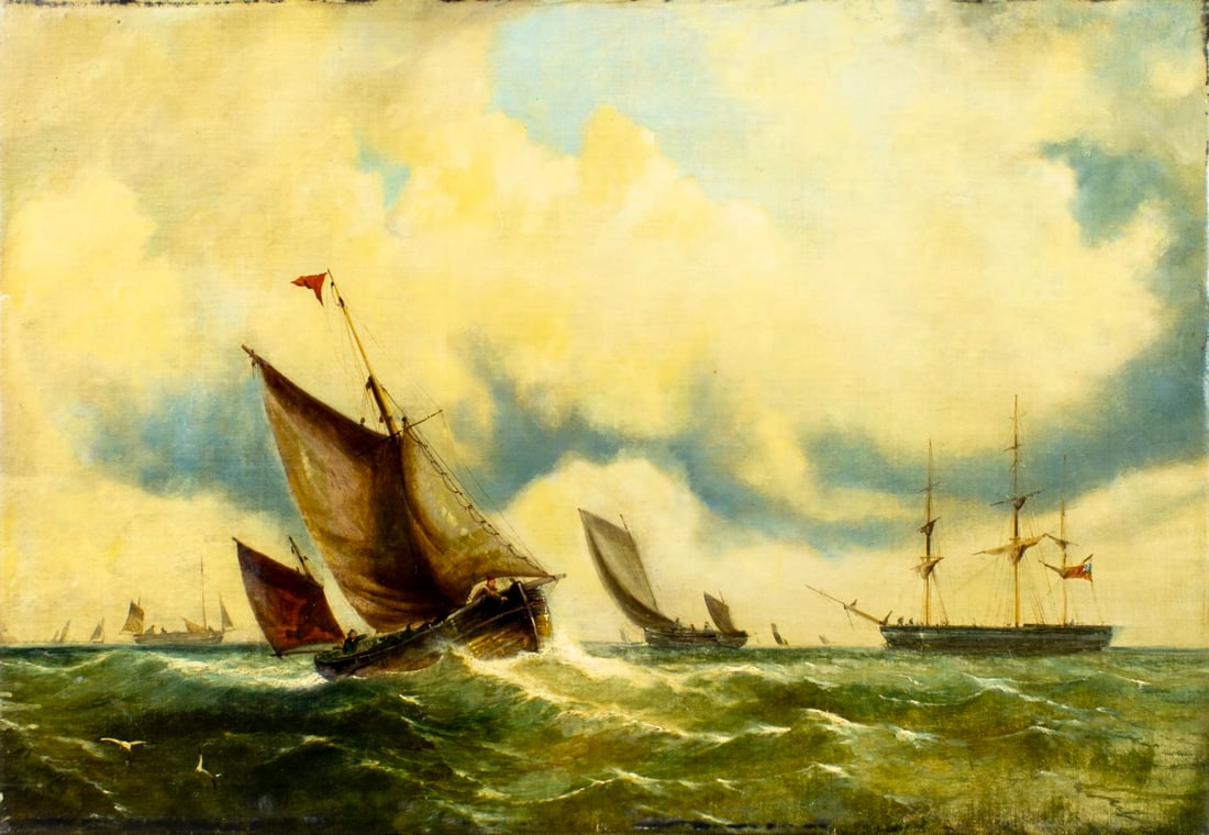 Antique 19C European oil painting: ARTIST: - (Europe, 19 century) TITLE: Seascape with Sail Ships MEDIUM: oil on canvas CONDITION: Relined. Few minor paint losses. Minor craquelure. Some scattered inpaintings