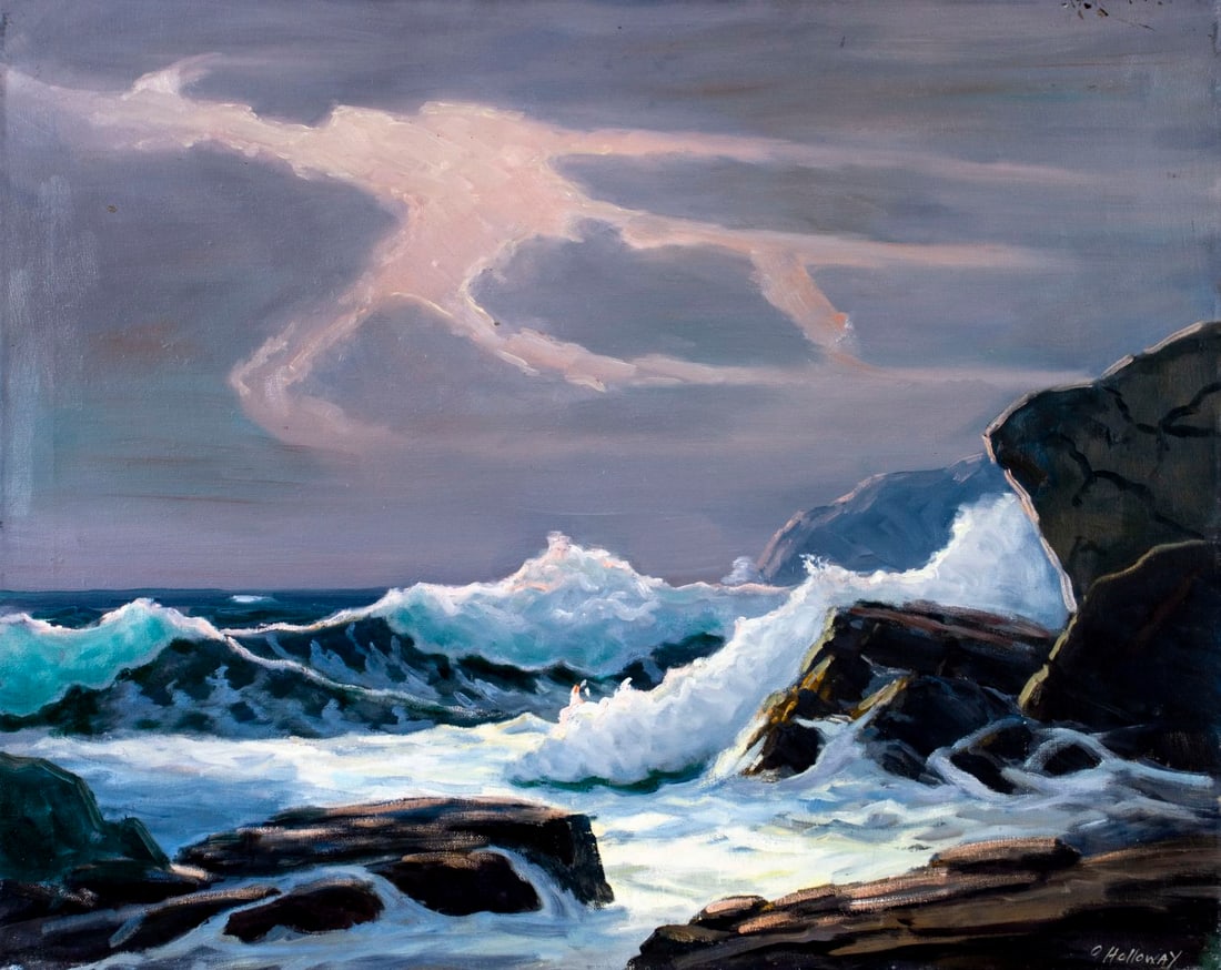 George Holloway (NJ,20C) oil painting: ARTIST: George Holloway (New Jersey, 20 century) TITLE: Sunset Seascape MEDIUM: oil on canvas CONDITION: Few minor scratches/paint losses. Normal wear along edges. No visibl