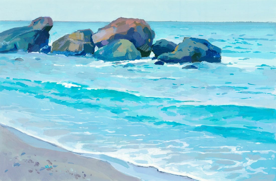 Anastasia Yaroshevich (Ukraine,20/21C) oil painting: ARTIST: Anastasia Yaroshevich (Ukraine, 20/21 centuries) TITLE: Rocky Coast Seascape MEDIUM: oil on heavy paper CONDITION: Very good. No visible inpaint under UV light. <