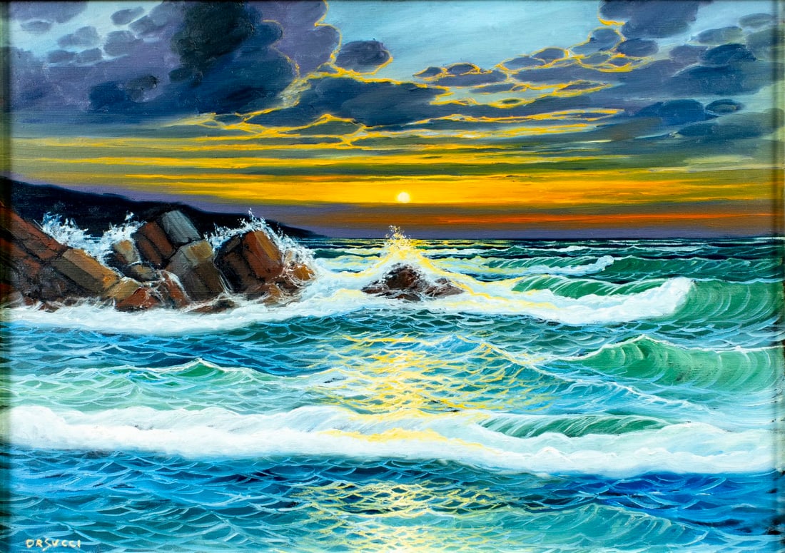 Massimo Orsucci (Italy,1946-2025) oil painting: ARTIST: Massimo Orsucci (Italian, 1946 - 2025) TITLE: Sunset Seascape MEDIUM: oil on canvas CONDITION: Very good. No visible inpaint under UV light. Wear to frame.