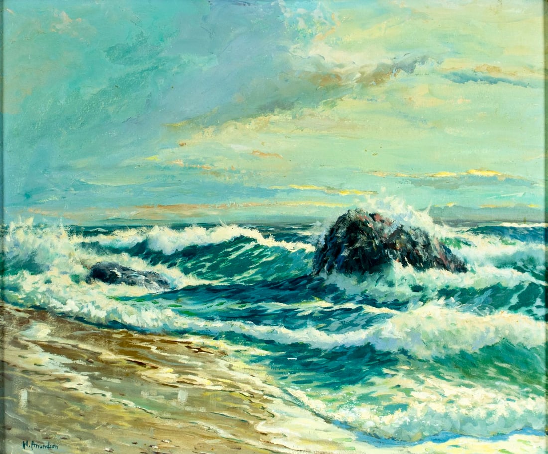 Hjalmar Cappy Amundsen (ME,NY,MA,1911-2001) oil painting: ARTIST: Hjalmar "Cappy" Amundsen (Maine, New York, Massachusetts, 1911 - 2001) TITLE: Seascape - Surf at Montauk (titled on verso) MEDIUM: oil on board CONDITION: Some paint