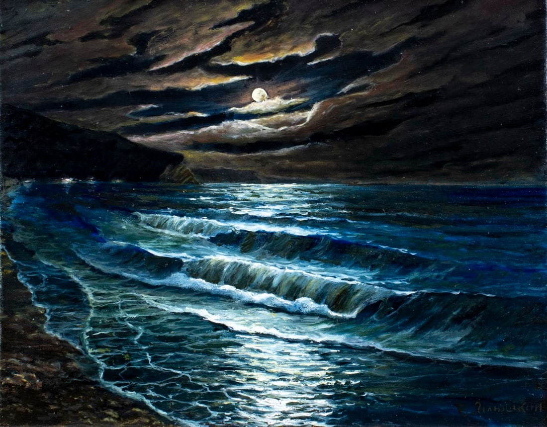 Viktor Ilyushkin (Russia,b 1946) oil painting: ARTIST: Viktor Nikolayevich Ilyushkin (Russian, born 1946) TITLE: Moonlit Seascape by Ezhik Mountain, Russia (titled on verso) MEDIUM: oil on canvas CONDITION: Unstretched (