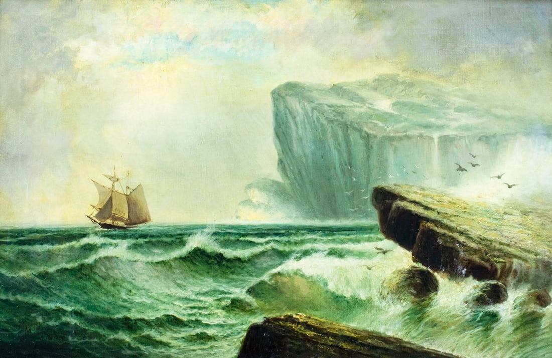 Mary Elizabeth King (CA,DC,MO,1899-1991) oil painting: ARTIST: Mary Elizabeth King (California, District Of Columbia, Missouri, 1899 - 1991) NAME: Seascape - Mt Desert Island (titled on verso) MEDIUM: oil on canvas CONDITION: Some craquelure. S