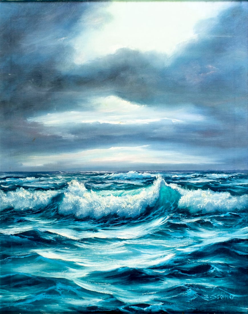 Zoltan Steiner (Czech,FL,CO,20C) oil painting: ARTIST: Zoltan Steiner (Czech Republic, Florida, Colorado, 20 century) TITLE: Stormy Seascape MEDIUM: oil on canvas CONDITION: Few minor scratches/paint losses. No visible i
